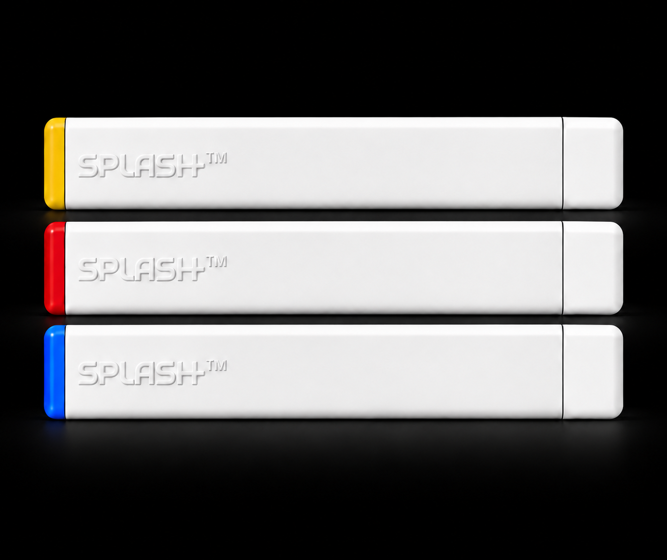 Three closely arranged white SPLASH Air devices on a black background: yellow for nicotine, red for energy and blue for well being