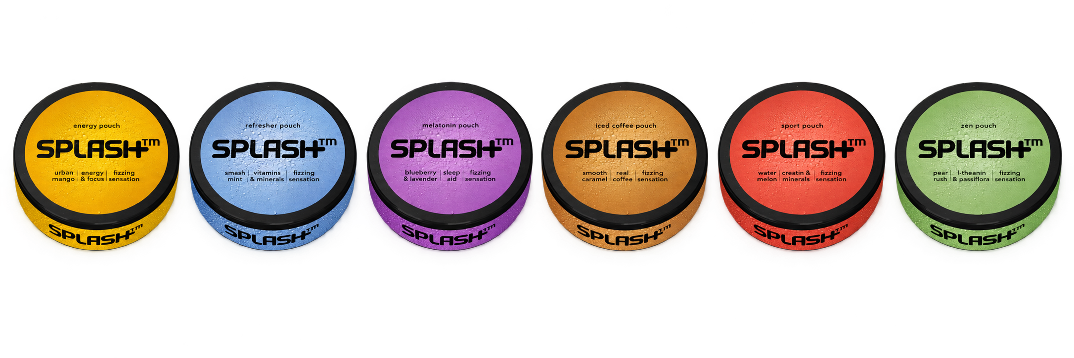Three freestanding SPLASH active pouch cans for energy, refreshment and sleep