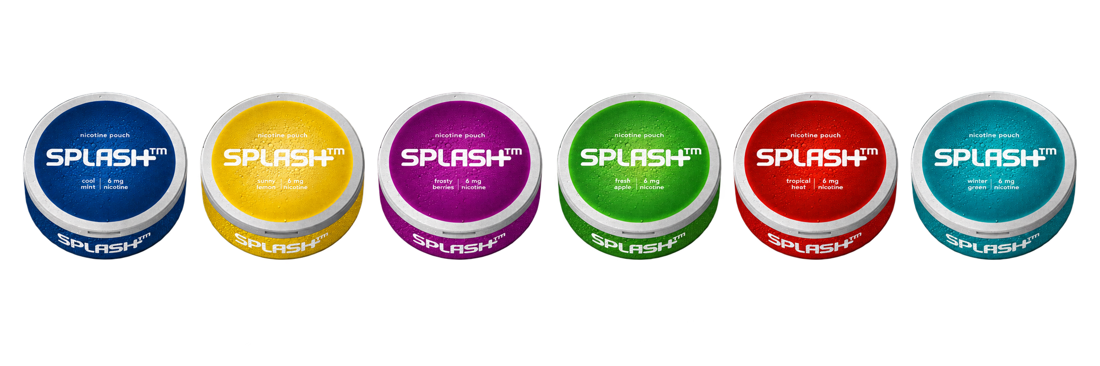 Three freestanding SPLASH nicotine pouch cans in blue, yellow and purple